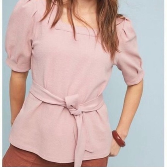 Current Air Anthropologie Blush Pink Belted Tie Waist Puff Sleeve Blouse Top - Picture 8 of 8